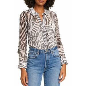 Tanya Taylor Ryann Zebra Print Silk Blouse Black White Button Front Size 22